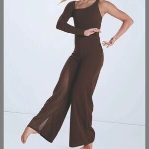 Weissman Dance “ghost in the machine”  Brown wide leg jumpsuit & gold hair tie